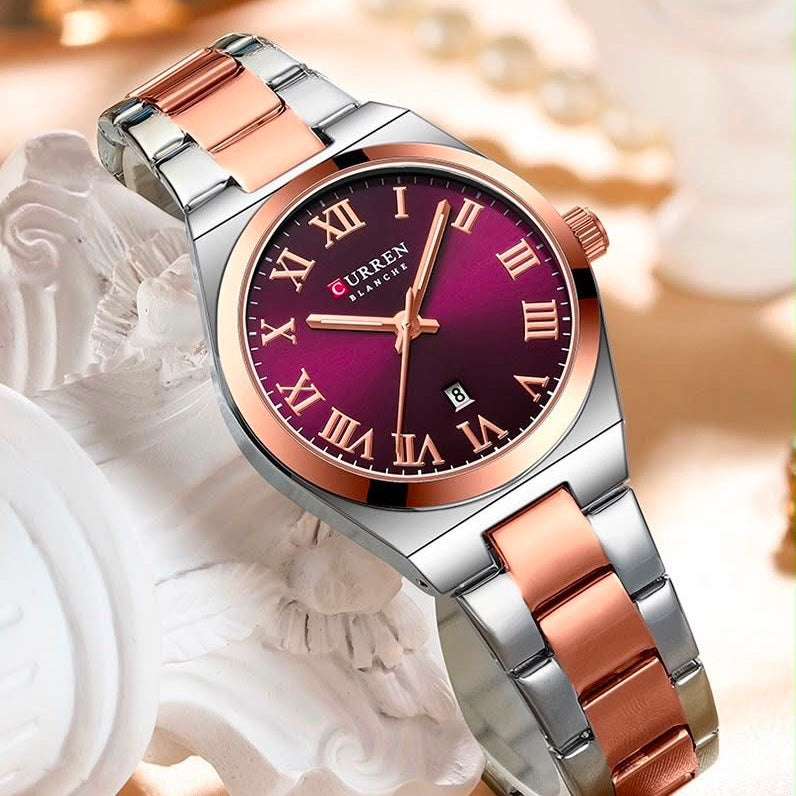 Reloj CURREN Blanche para Mujer – Elegancia Bicolor Oro Rosa con Esfera Vino