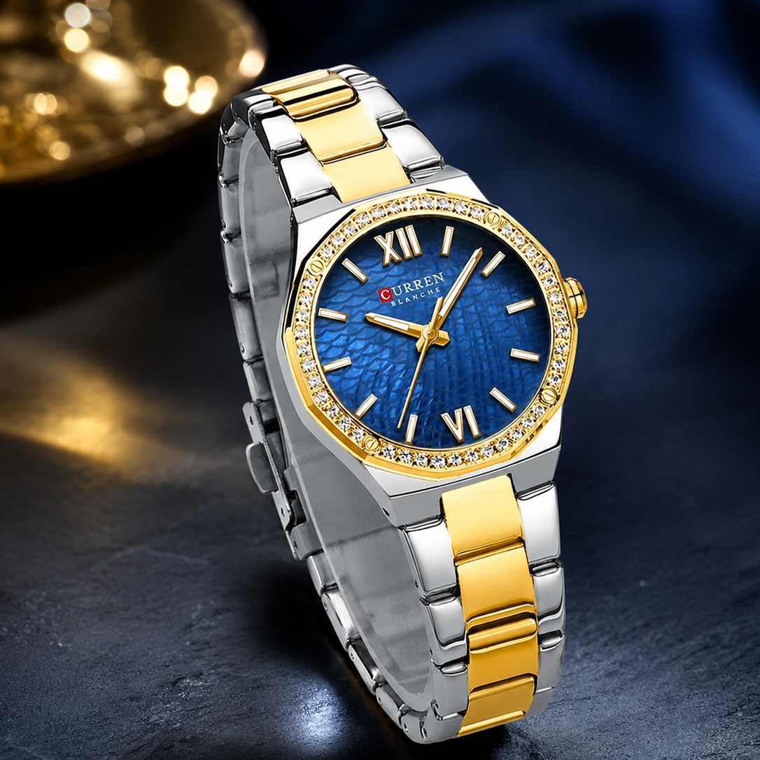 Reloj CURREN Blanche para Mujer – Elegancia Bicolor con Esfera Azul y Cristales Brillantes