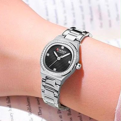 Reloj CURREN Blanche para Mujer | Plateado con Esfera Negra y Cristales