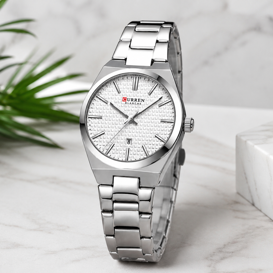 Reloj CURREN Blanche para Mujer – Elegancia Plateada con Esfera Blanca Texturizada y Calendario