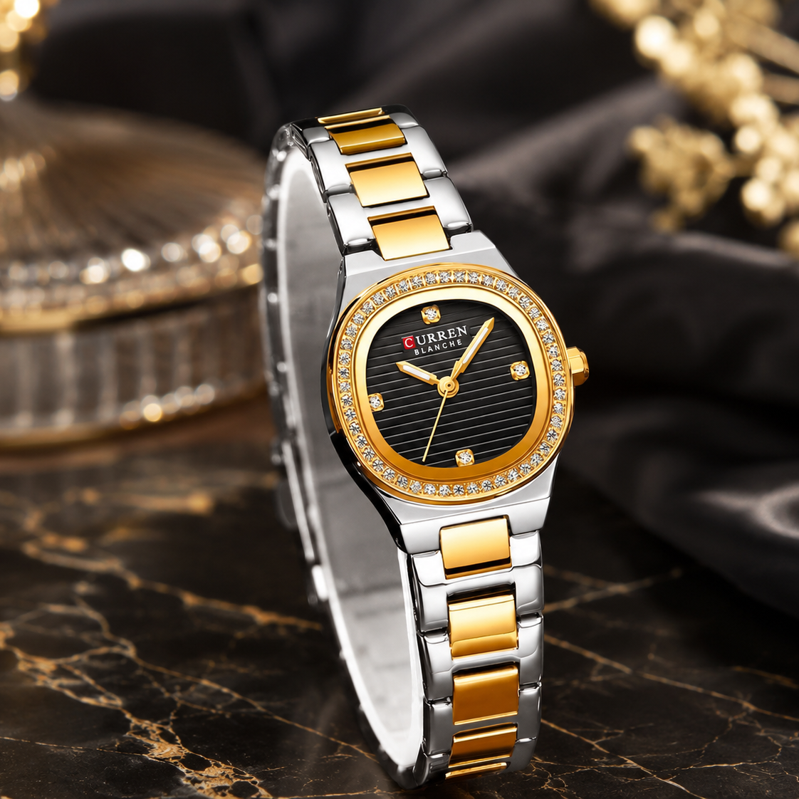 Reloj CURREN Blanche para Mujer – Elegancia Bicolor con Esfera Negra y Cristales