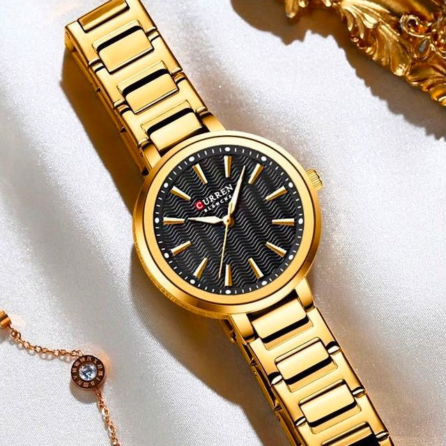 Reloj CURREN Blanche para Mujer – Elegancia Dorada con Esfera Negra Texturizada
