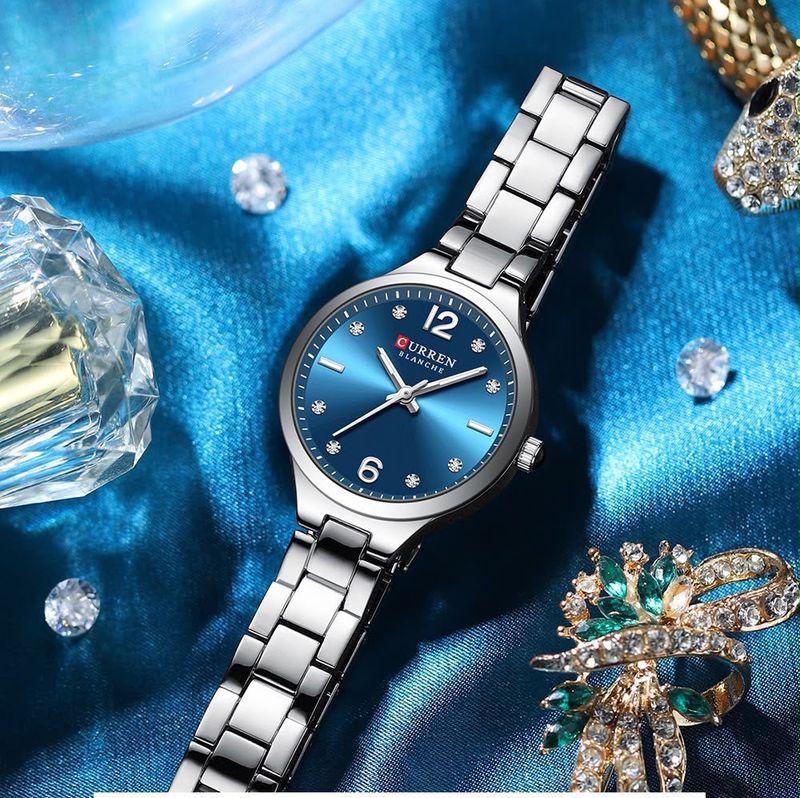 Reloj CURREN Blanche para Mujer – Elegancia Plateada con Esfera Azul