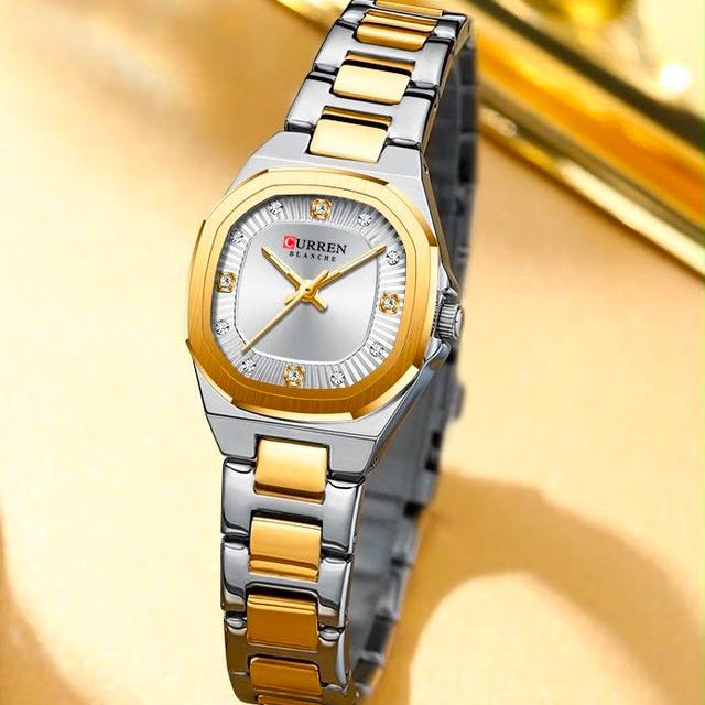 Reloj CURREN Blanche para Mujer – Elegancia Bicolor con Esfera Plateada y Detalles de Cristales