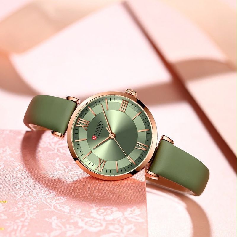 Reloj Elegante CURREN para Mujer – Correa de Silicona Verde y Caja Rose Gold