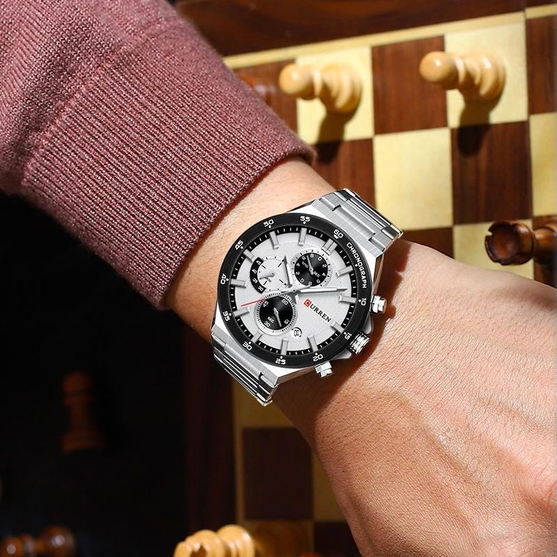 Reloj CURREN Cronógrafo Plateado con Esfera Blanca