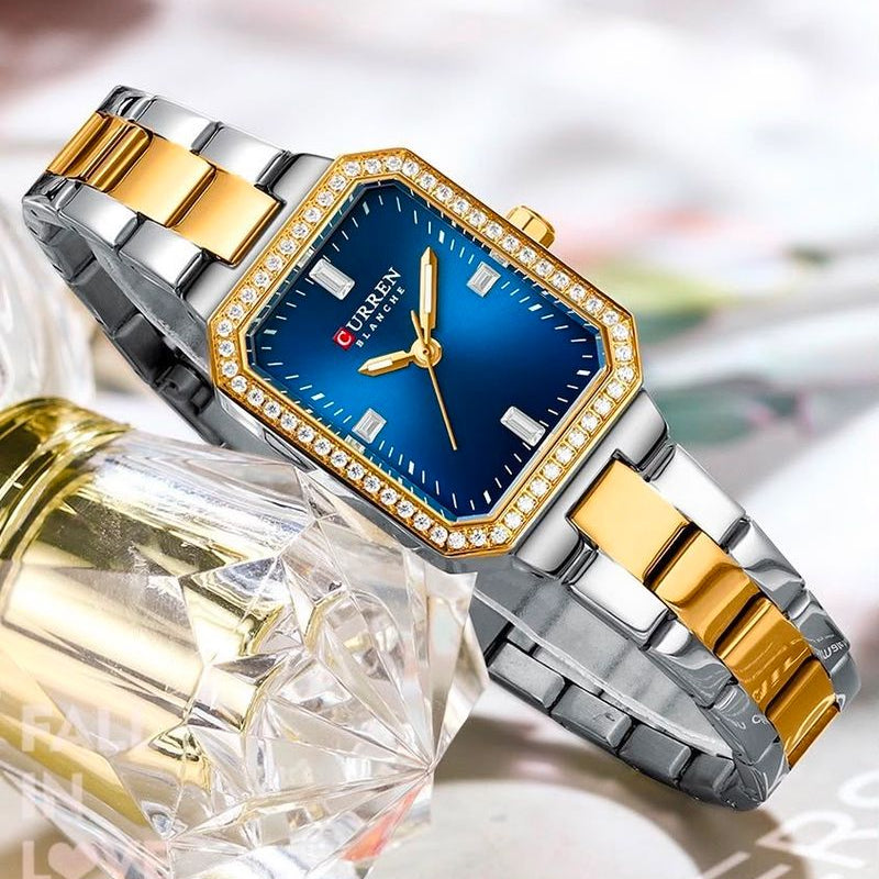 Reloj CURREN Blanche para Mujer – Elegancia Bicolor con Esfera Azul y Bisel con Cristales