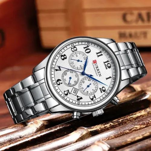 Reloj CURREN Cronógrafo Plateado con Esfera Blanca para Hombre