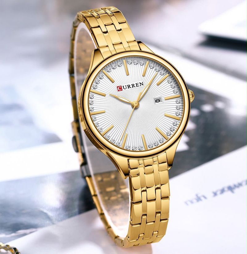 Reloj CURREN para Mujer – Elegancia Dorada con Esfera Blanca y Cristales