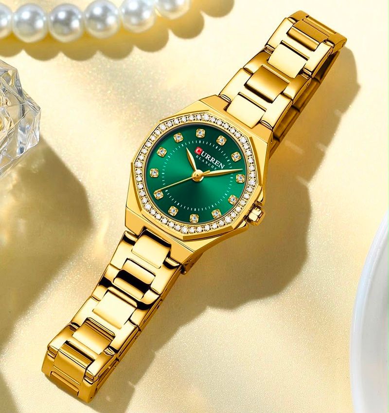 Reloj CURREN Blanche para Mujer – Dorado con Esfera Verde Esmeralda