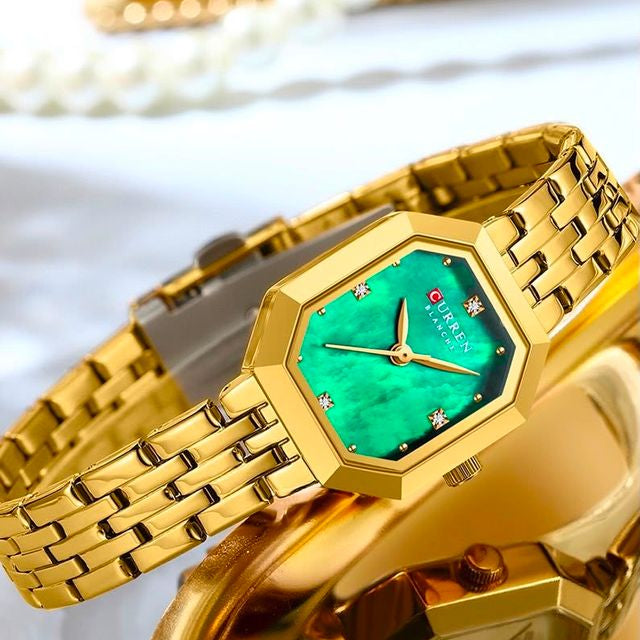 Reloj CURREN Blanche para Mujer | Dorado con Esfera Verde Nácar y Cristales