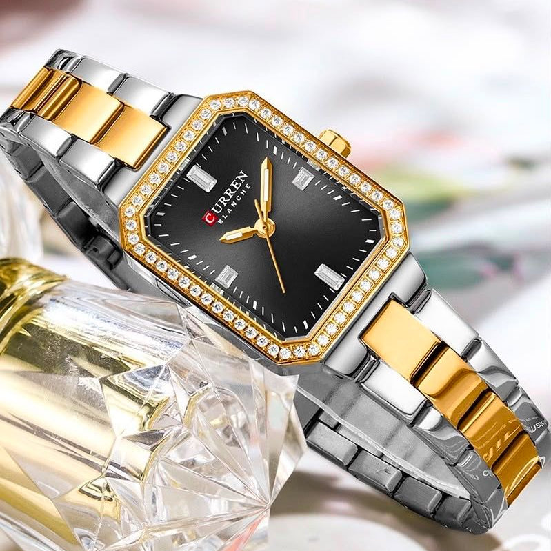 Reloj CURREN Blanche para Mujer – Elegancia Bicolor con Esfera Negra y Bisel con Cristales