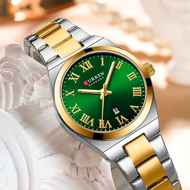 Reloj CURREN Blanche para Mujer – Elegancia Bicolor con Esfera Verde y Calendario
