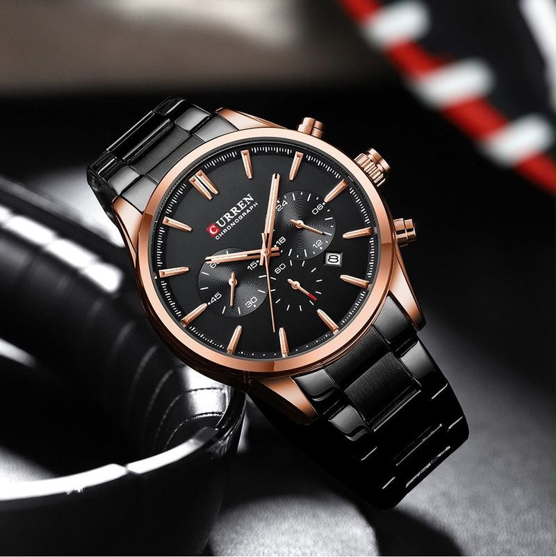 Reloj CURREN para Hombre Negro/Oro Rosa – Cronógrafo Elegante con Calendario