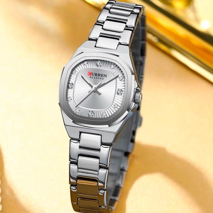 Reloj CURREN Blanche para Mujer – Elegancia Plateada con Esfera Plateada y Cristales