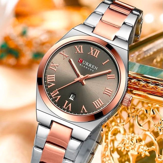 Reloj CURREN Blanche para Mujer – Acero Inoxidable Bicolor Oro Rosa y Plateado con Calendario