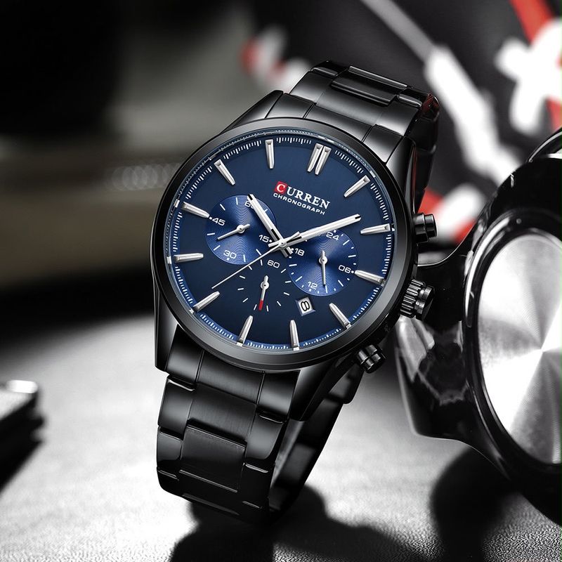 Reloj CURREN para Hombre Negro – Cronógrafo con Esfera Azul
