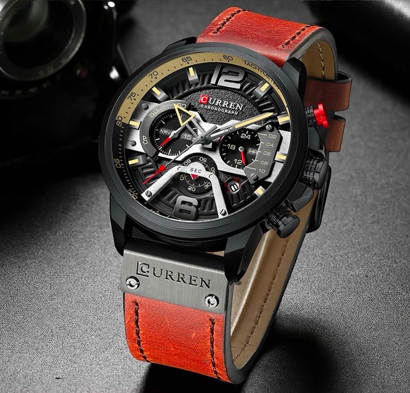 Reloj CURREN Cronógrafo – Negro Mate con Correa Cuero Rojo Café