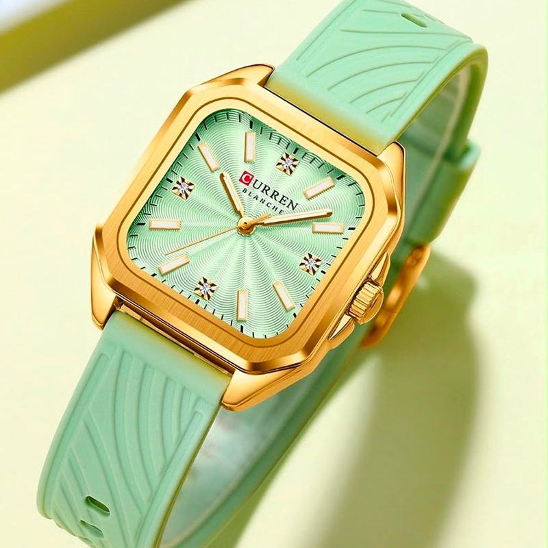 Reloj CURREN Blanche para Mujer – Elegancia Dorada con Correa Verde Menta y Esfera Mint