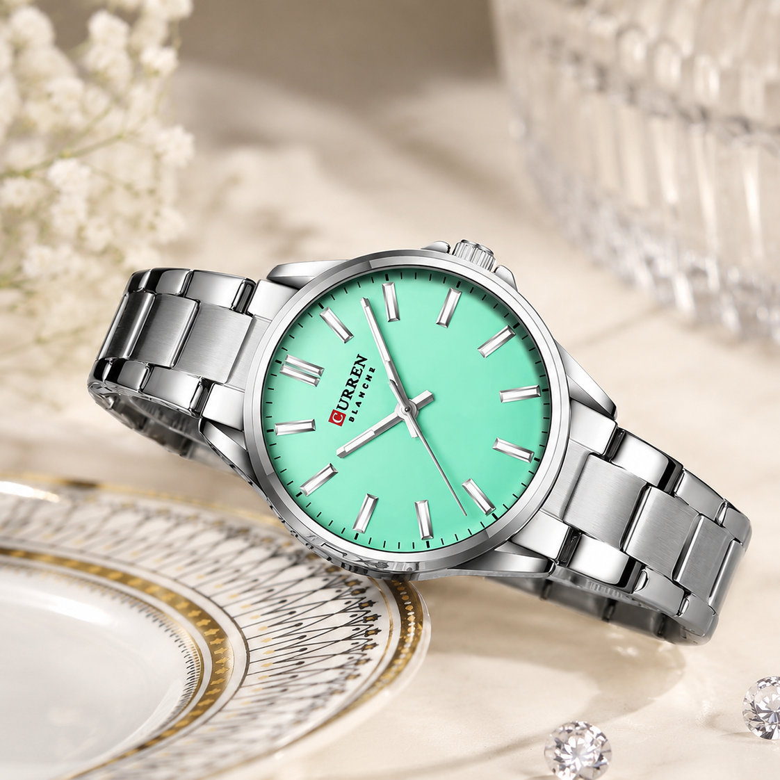 Reloj CURREN Blanche para Mujer – Elegancia Plateada con Esfera Verde Menta