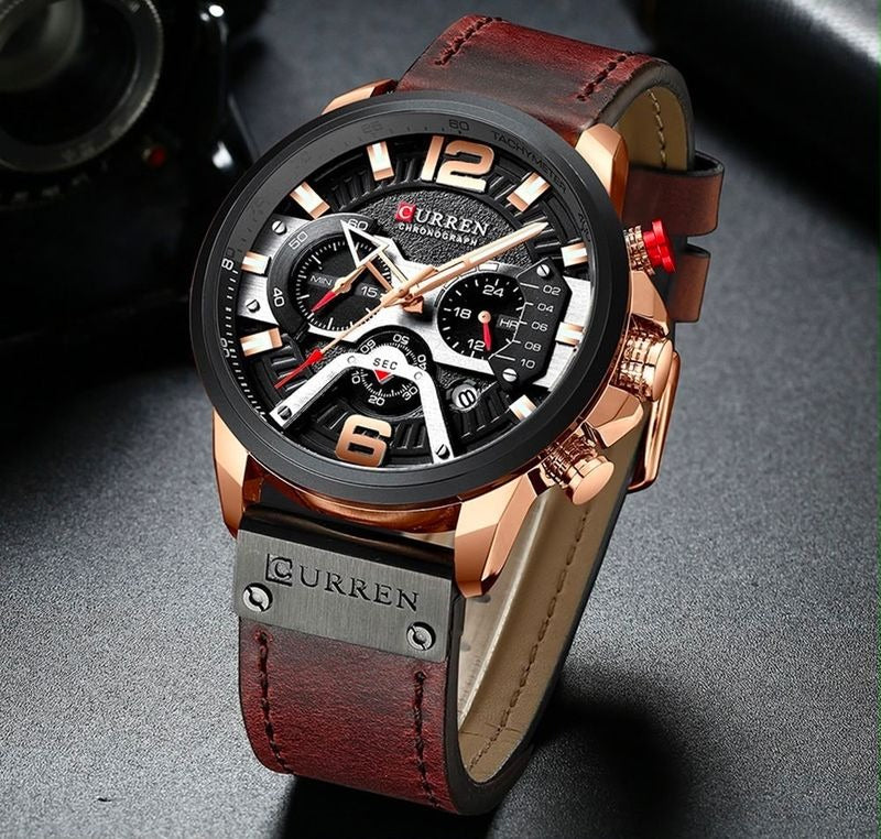 Reloj CURREN Cronógrafo – Oro Rosa con Esfera Negra y Correa Marrón