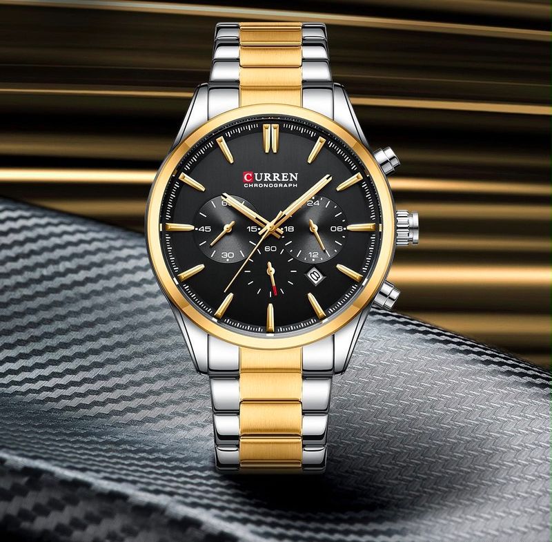 Reloj CURREN para Hombre Elegante Bicolor Plata/Dorado – Esfera Negra con Calendario