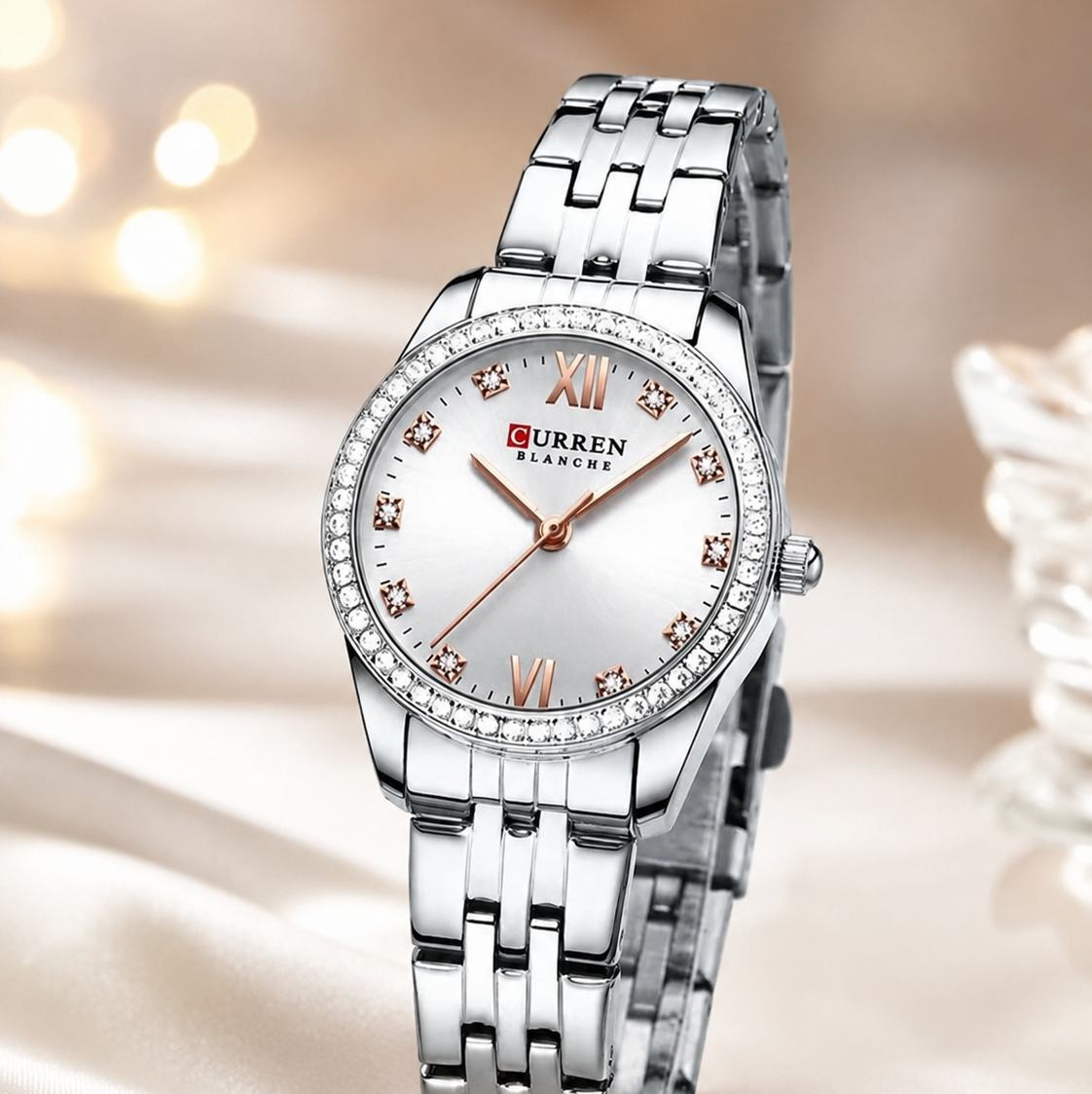 Reloj CURREN Blanche para Mujer – Elegancia Plateada con Cristales Brillantes