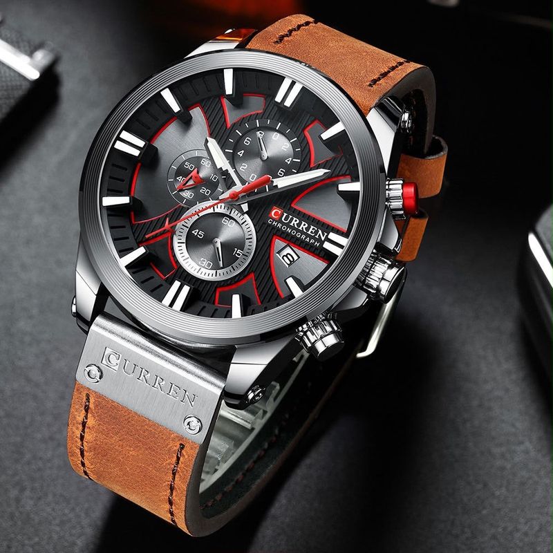 Reloj CURREN Cronógrafo – Plateado con Esfera Negra y Detalles Rojos, Correa Marrón Vintage