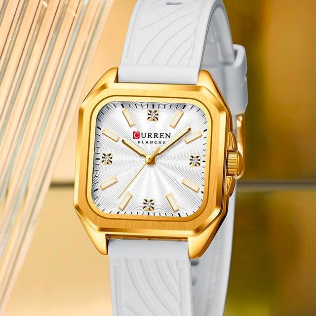 Reloj CURREN Blanche para Mujer – Elegancia Dorada con Correa Blanca y Esfera Blanca
