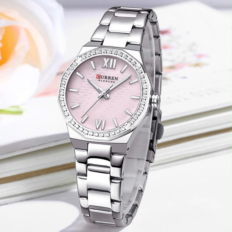 Reloj CURREN Blanche para Mujer – Elegancia Plateada con Bisel de Cristales y Esfera Rosa