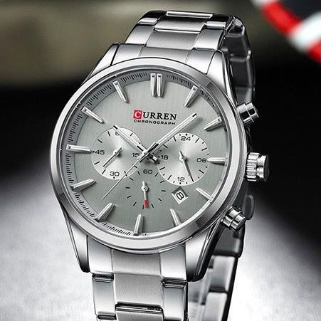 Reloj CURREN para Hombre Plateado – Cronógrafo Elegante con Esfera Plateada