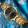 Reloj CURREN Blanche para Mujer – Elegancia Dorada con Esfera Negra y Cristales Decorativos