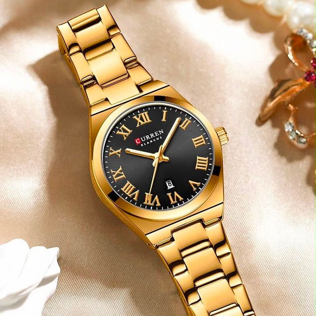 Reloj CURREN Blanche para Mujer – Acero Inoxidable Dorado con Esfera Negra y Calendario