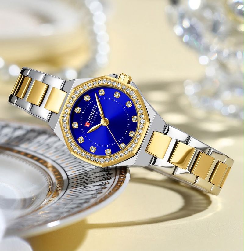 Reloj CURREN Blanche para Mujer – Elegancia Bicolor con Esfera Azul Real y Bisel con Cristales