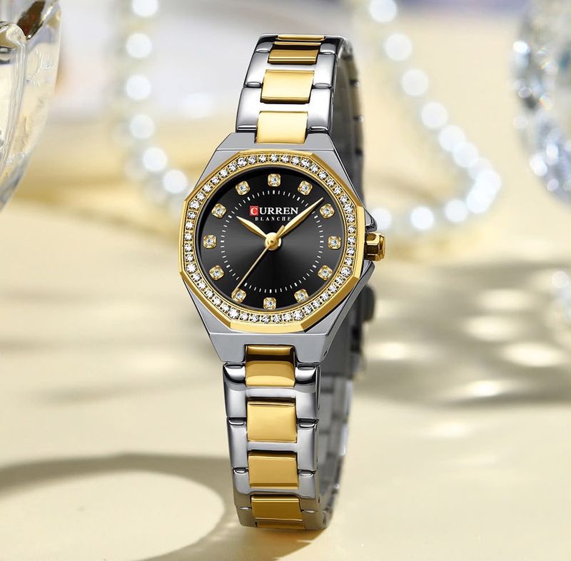 Reloj CURREN Blanche para Mujer – Elegancia Bicolor con Esfera Negra y Cristales