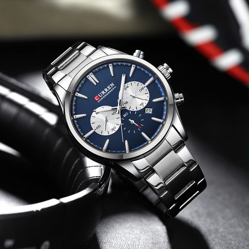 Reloj CURREN para Hombre Plateado – Cronógrafo con Esfera Azul