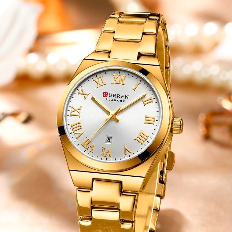 Reloj CURREN Blanche para Mujer – Acero Inoxidable Dorado con Esfera Blanca y Calendario