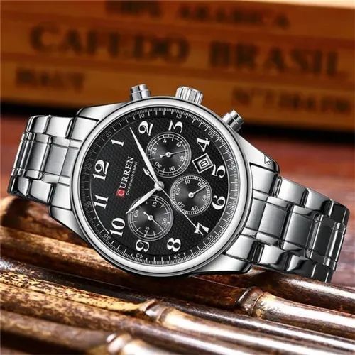Reloj CURREN Cronógrafo Plateado con Esfera Negra para Hombre