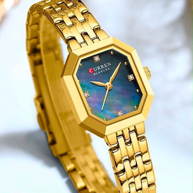 Reloj CURREN Blanche para Mujer – Elegancia Dorada con Esfera Azul Nácar