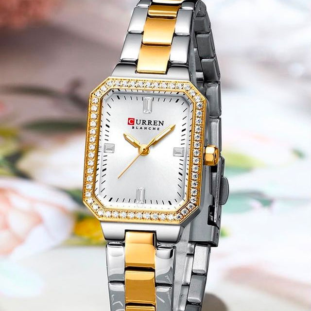 Reloj CURREN Blanche para Mujer – Elegancia Bicolor con Esfera Blanca y Bisel con Cristales