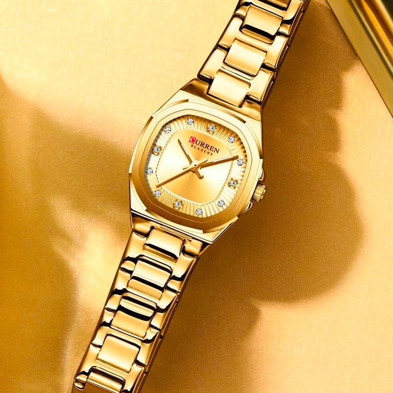 Reloj CURREN Blanche para Mujer – Elegancia Total Dorada con Esfera Champagne y Cristales