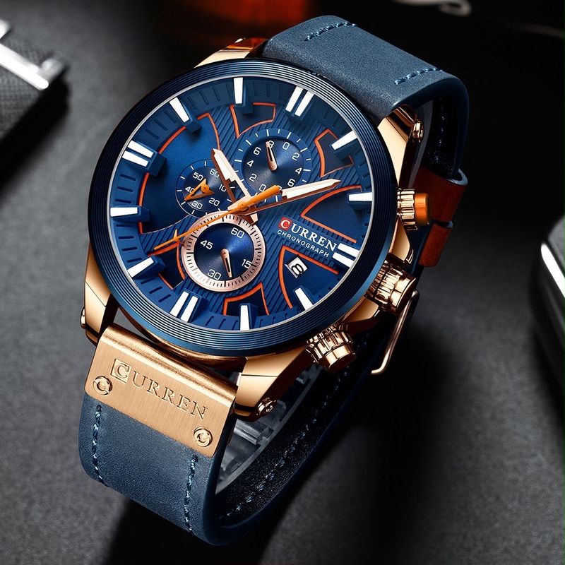Reloj CURREN Cronógrafo – Oro Rosa con Esfera Azul y Correa Azul Marino